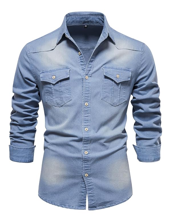 Eisctnd Men's Denim Button Down Shirt Classic Fit Long Sleeve Jean Work Shirts with 2 Pockets(LightBlue-L) by Eisctnd - Used condition - US$29.18