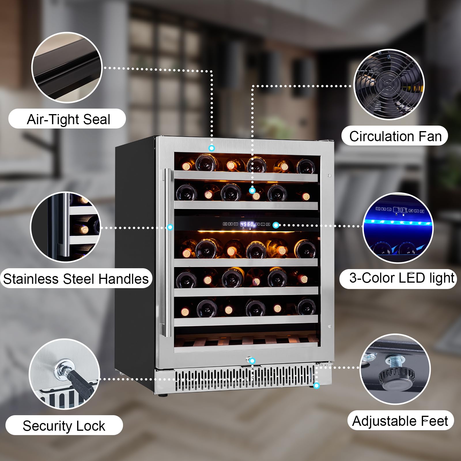 Akicon 24 Inch Wine Fridge, 46 Bottles Wine Cooler With Glass Door And Removable Shelves, 3-Color LED Light, Safety Lock, Freestanding Or Built-In For Home/Bar/Office on Fridge.com - View 5