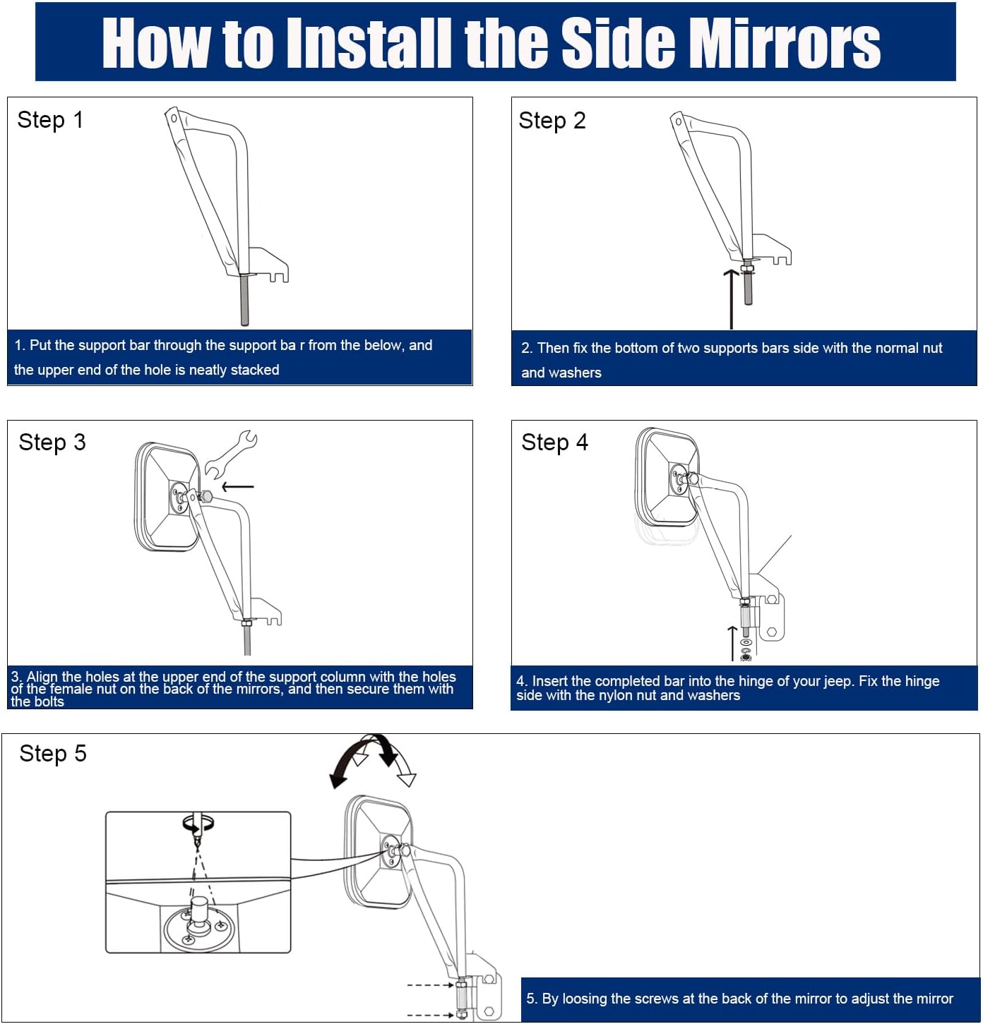 SUNPIE Doors off Mirrors for Jeep Wrangler JK 2007-2018 - Doorless Side View Mirror for Passenger & Driver Side when Door Take off, Suitable for No Door