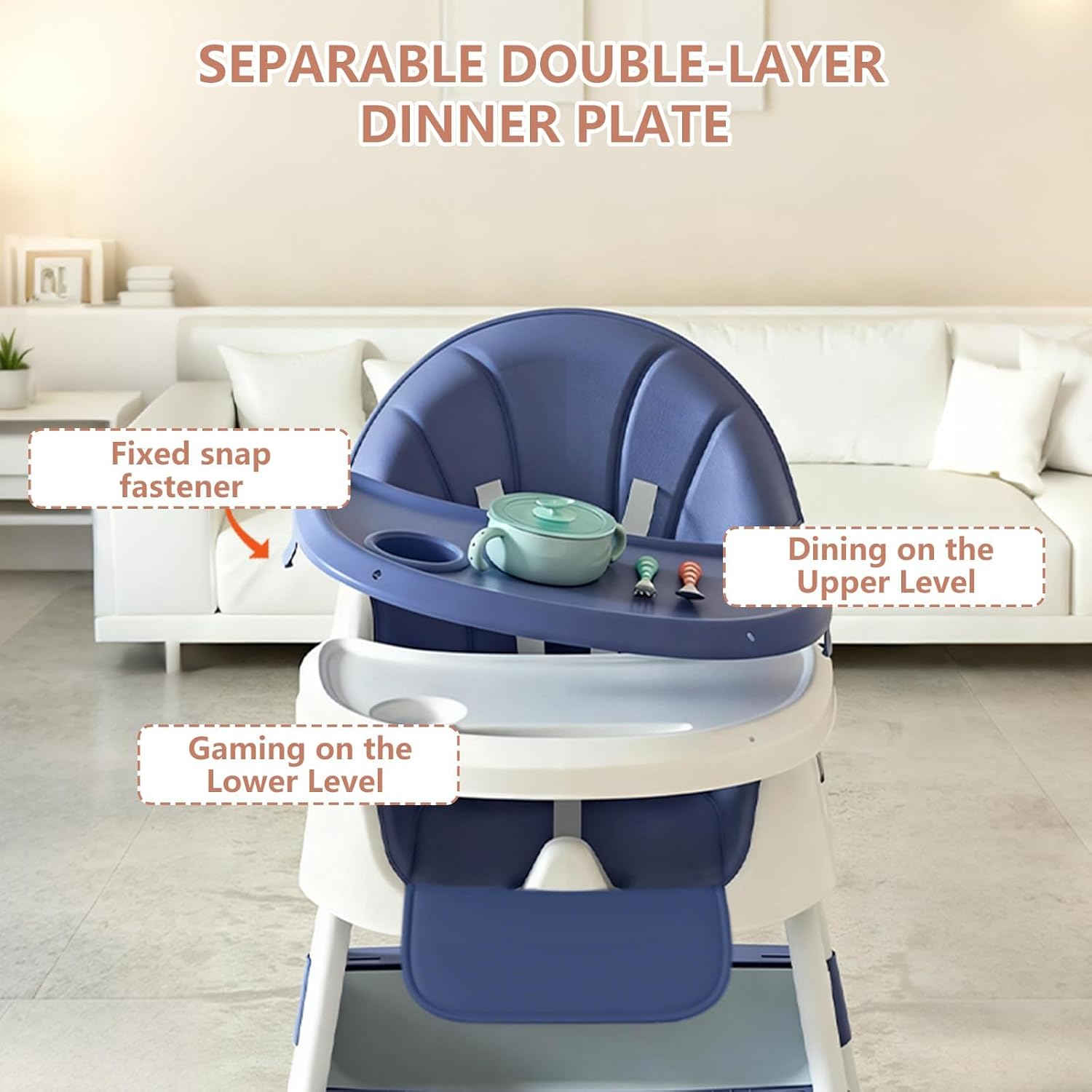 4-in-1 Baby High Chair for Babies & Toddlers, Foldable High Chair with Detachable PU Cushion, Removable Tray, Adjustable Height, Locking Wheels,Blue