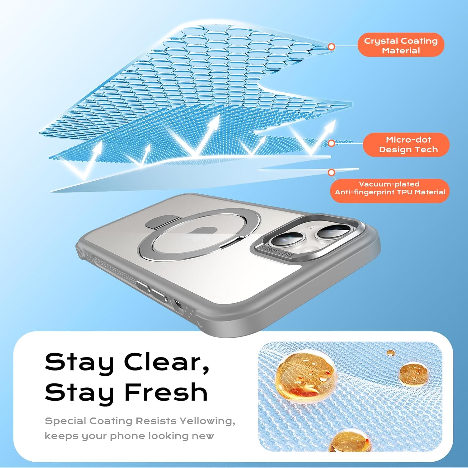 Anqrp O-Ring Magnetic Kickstand Clear Case for iPhone 14/13, Compatible with Mag-Safe, Military-Grade Reinforced 4-Corners Anti-Yellowing Transparent Phone Case Cover for iPhone 13/14, Gray - Image 5