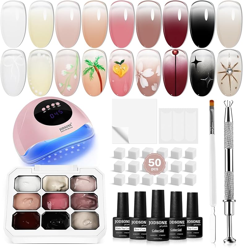 JODSONE Patting Gel Nail Polish Kit, 9 Colors U V/LED Gradient Painting Sponge Gel Kit with 50 PCS Nail Sponges and Grabbing Pen for Home & Salon Use