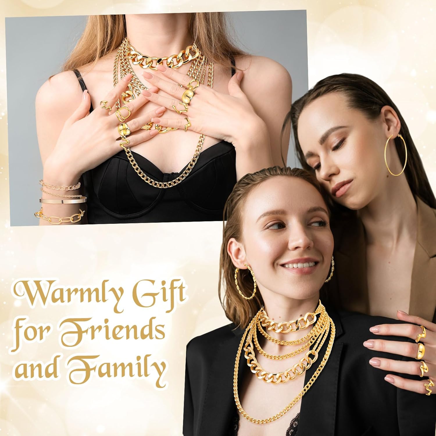 Tondiamo 40 Pcs Chunky Gold Jewelry Set for Women, 1 Multilayer 80s Punk Cuban Link Hip Hop Necklace, 16 Stackable Bangles and Bracelets, 8 Pairs Hoop Earrings, 15 Chunky Gold Rings for Women - Image 6