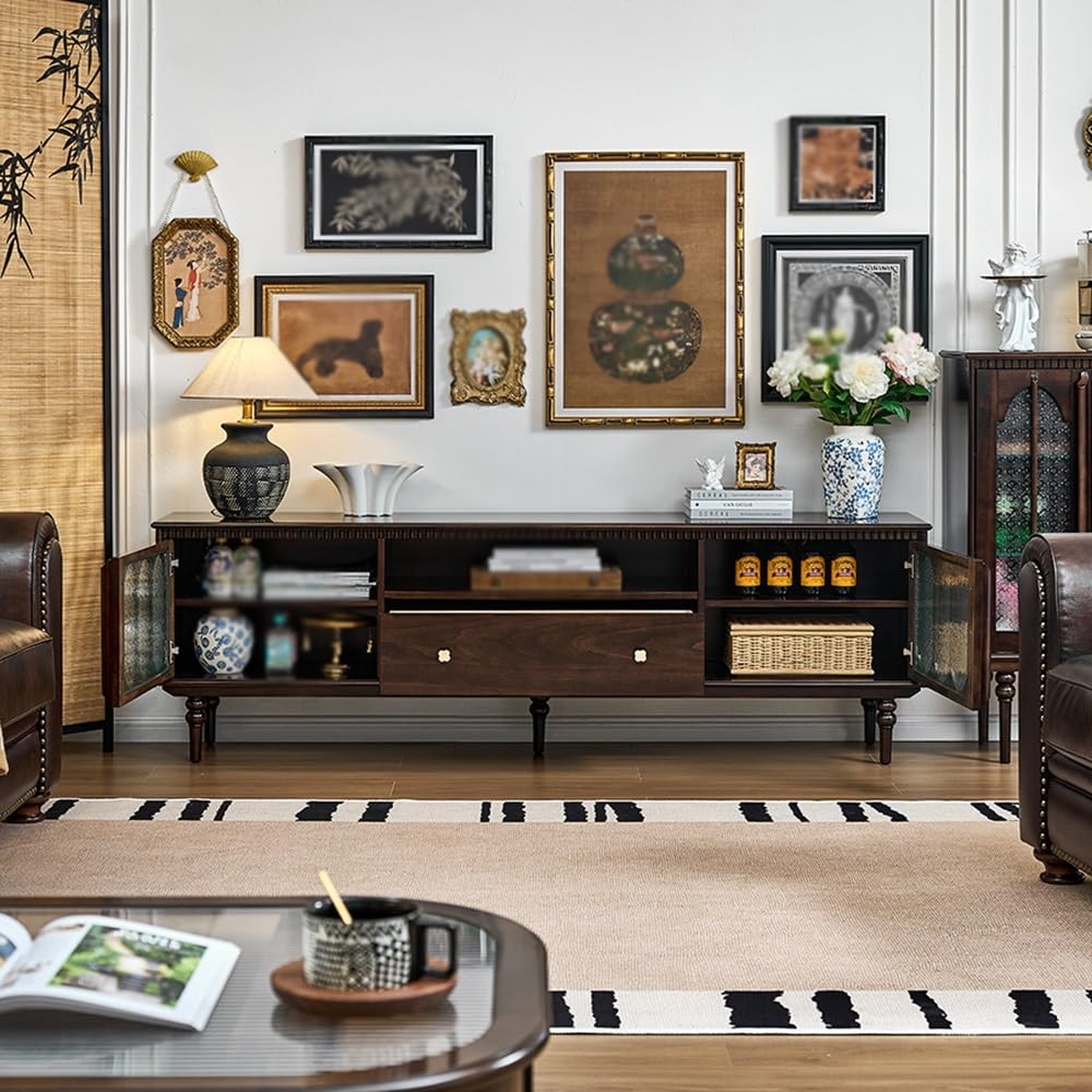 Console Multimediale Moderna 200cm Console Noce Massello Vintage, Hub Intrattenimento Soggiorno, Mobile Deposito per Alberghi & Spazi Aziendali per Soggiorno Camera da Letto