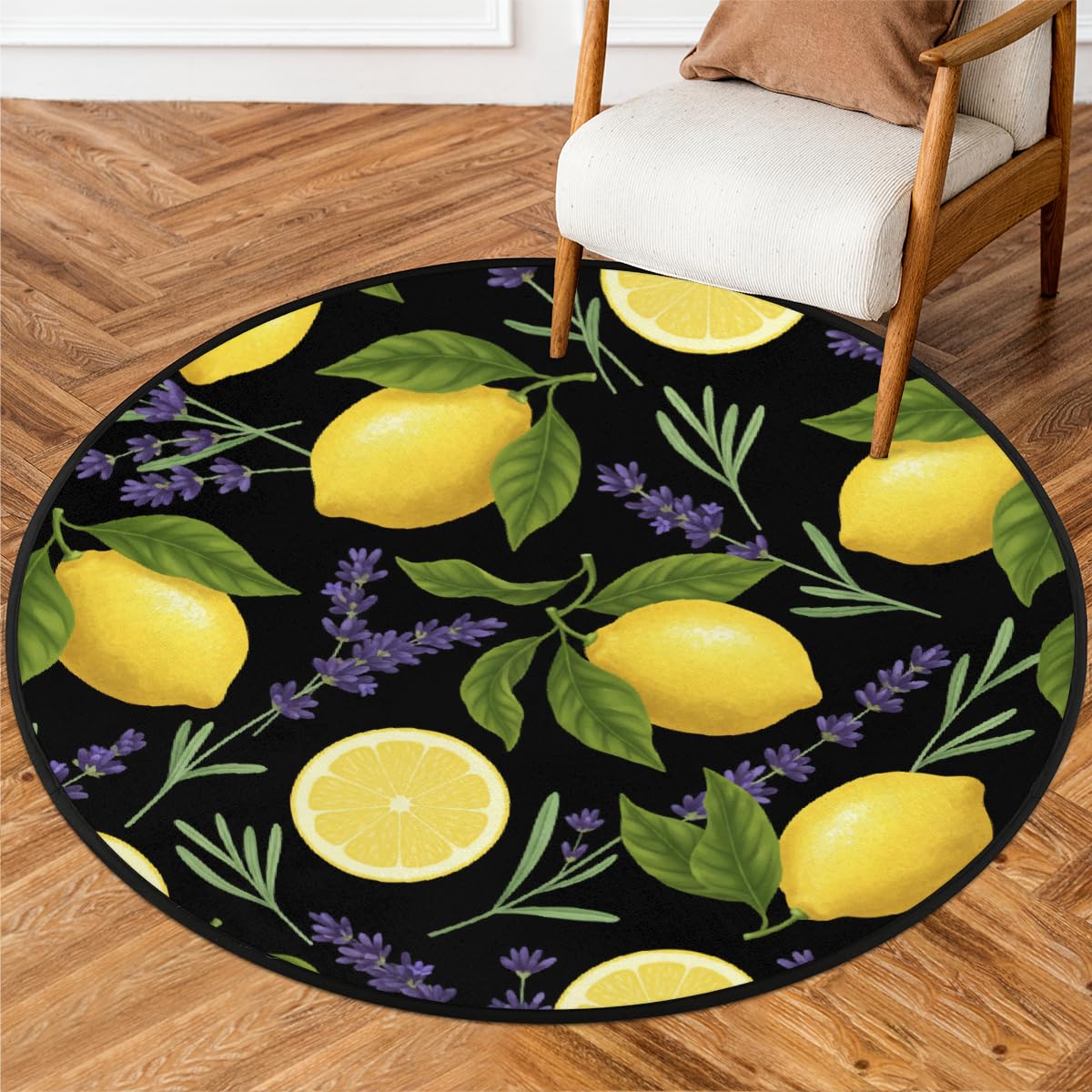 Tapis rond 160 cm citron lavande lavable et antidérapant pour salon et chambre