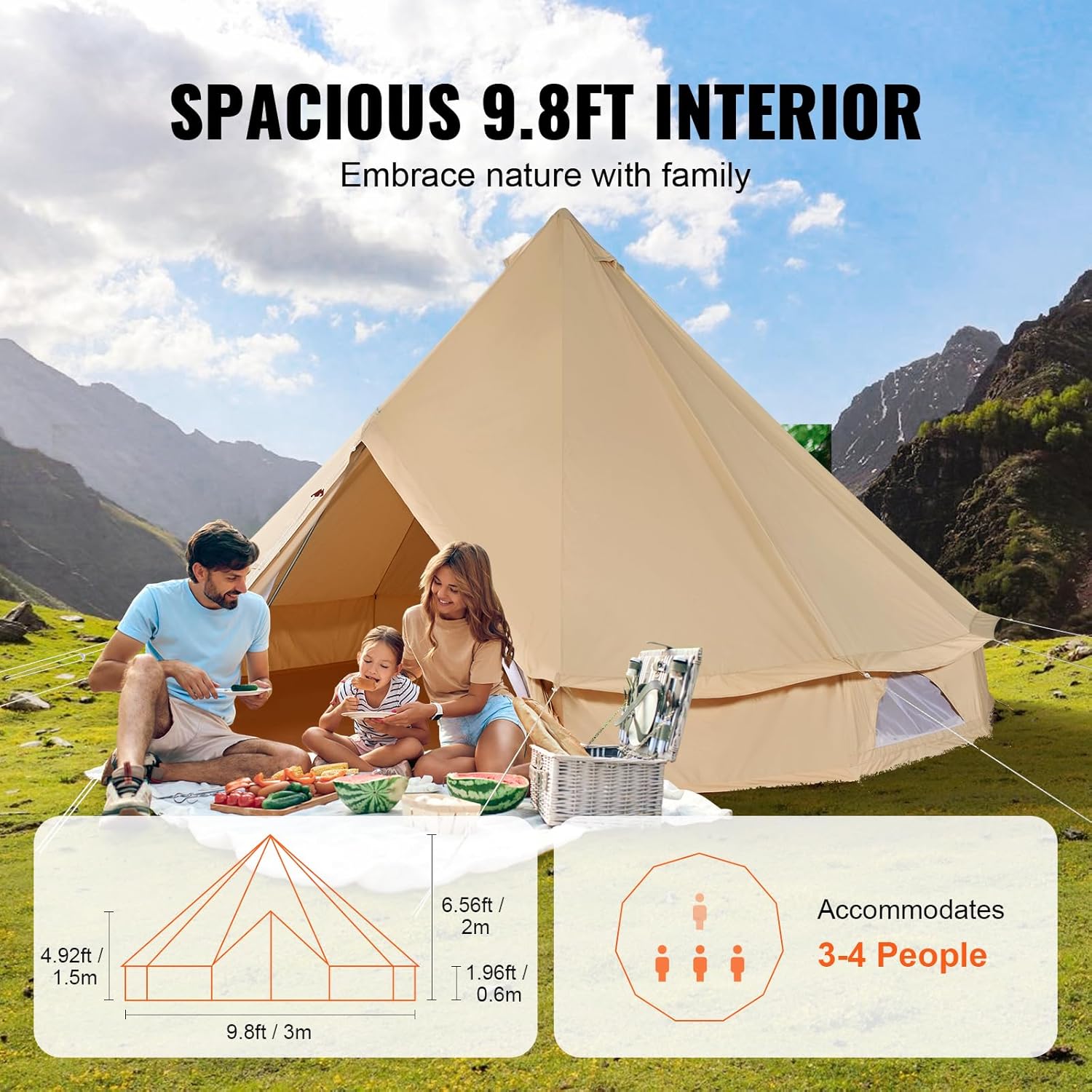 VEVOR Canvas Tent Bell, Yurt 4 Seasons for Camping with Stove Jack, Breathable Holds up to 4 People, Family Camping Outdoor Hunting Party