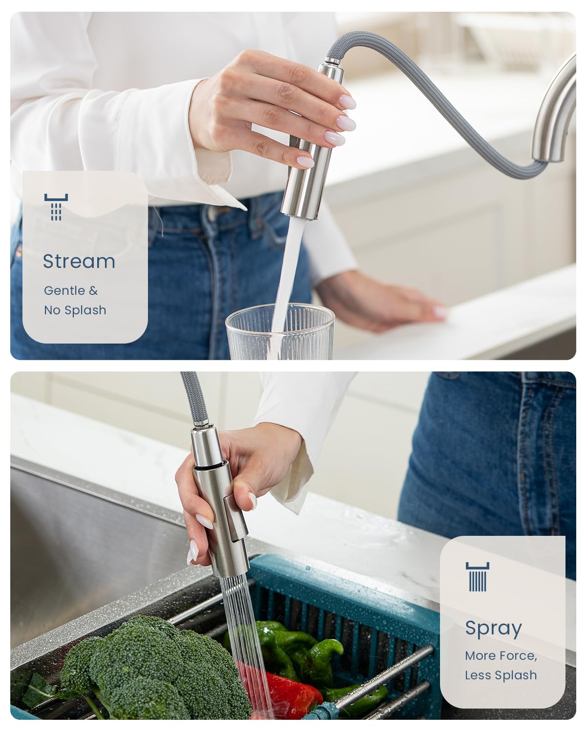 APPASO Niederdruck Armatur Küche, Niederdruck Küchenarmatur Ausziehbar, Wasserhahn Küche 3 Anschlüssen, Spültischarmatur Niederdruck mit 2 Strahlarten für Boiler Gebürstet