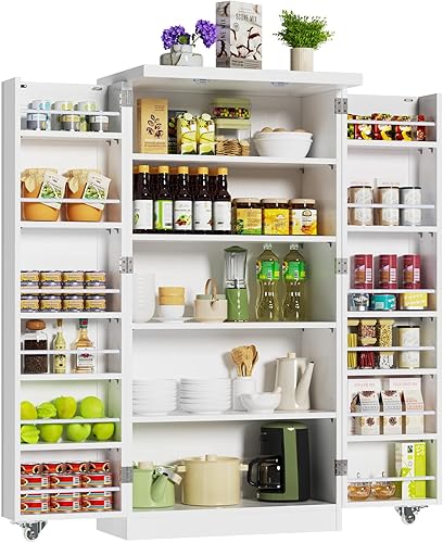 ROOMTEC Armario de despensa de cocina de 47 pulgadas, armario de buffet independiente blanco con puertas y estantes ajustables, armario de