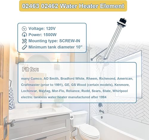 Miniatura 2 de Elemento calentador de agua actualizado 02463 02462 1500W 120V para la mayoría de Camco, AO Smith, Bradford White, Rheem, Richmond Calentador de