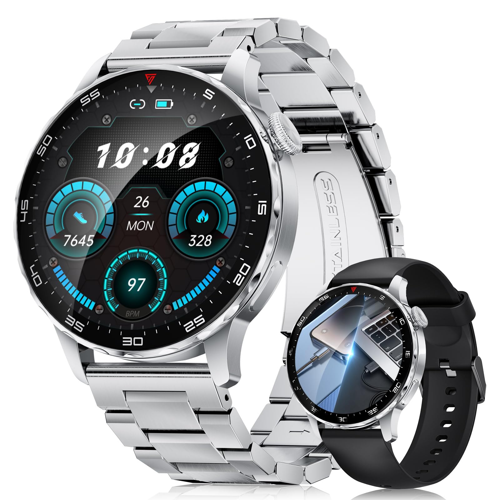 LIGE Smartwatch Herren 1.43''AMOLED Smartwatch Mit Telefonfunktion Fitnessuhr 100+Sportmodi/IP68/750mAh, Militärs Smart Watch Kompatibel Mit iOS Android Schwarz Silber