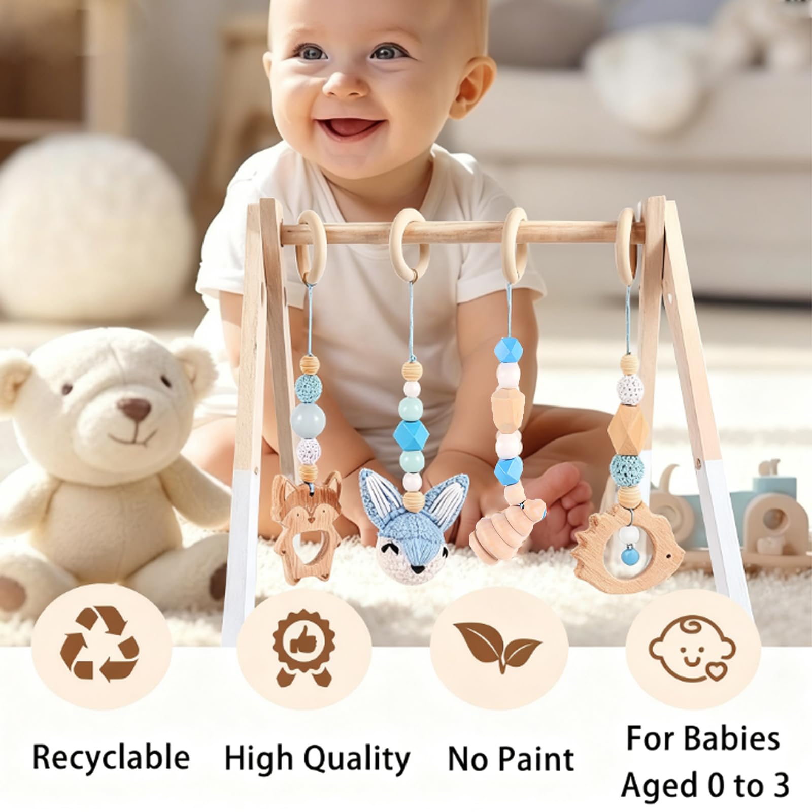 4 Pezzi Palestrina Neonato Montessori, Palestrina Neonato Legno, Giochi per Passeggino da Appendere, Baby Gym con Ciondolo in Legno, per Il Gioco e Il Fitness dei Bambini (Blu)