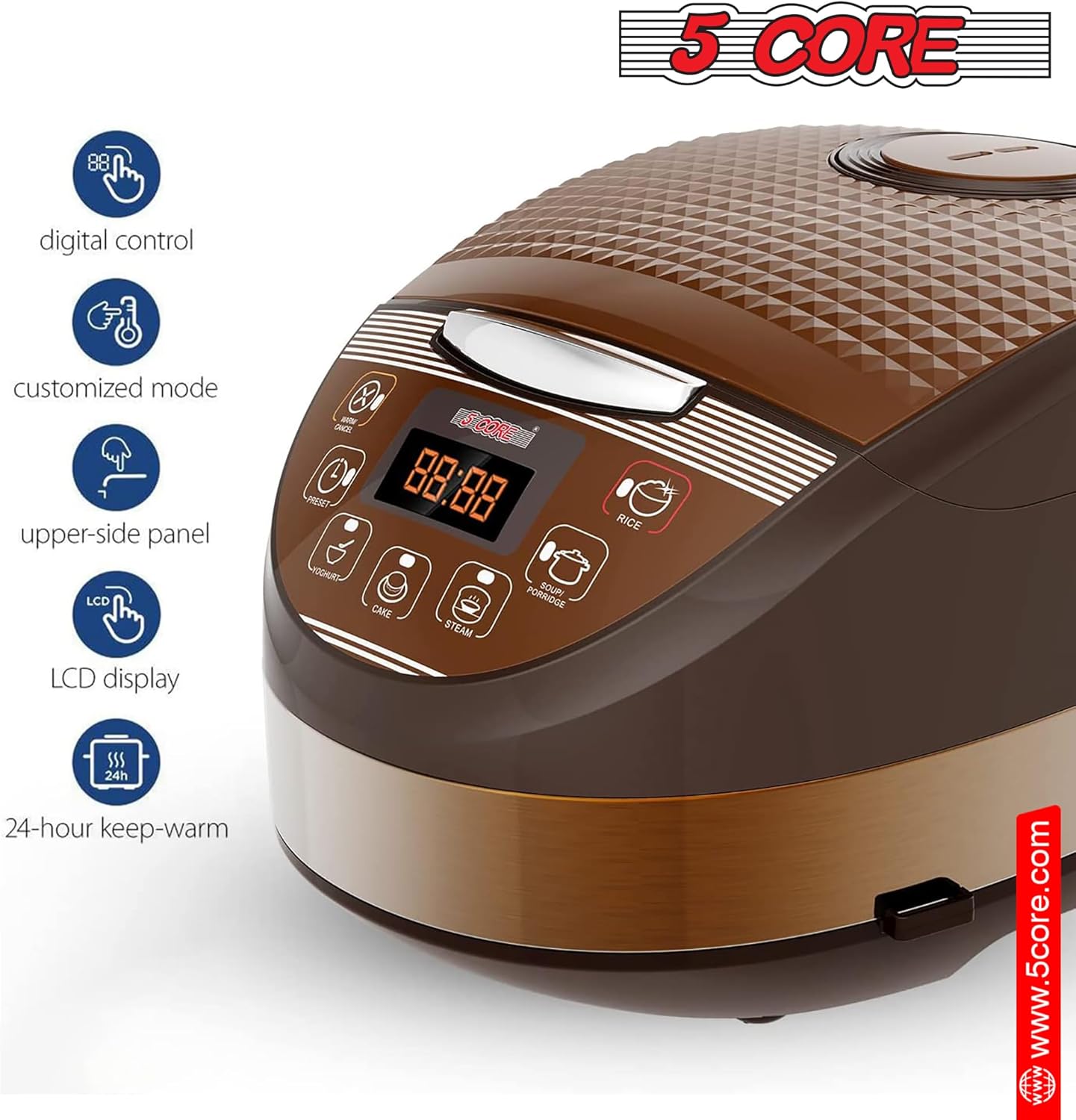 5 Core 5.3Qt Asian Rice Cooker Digital Programmable 15-in-1 Ergonomic Large soft Touch push button Electric Multi Cooker, Steamer Pot, Warmer 21 Cups 24 Hour Delay Timer Auto Keep Warm Feature RC 0502