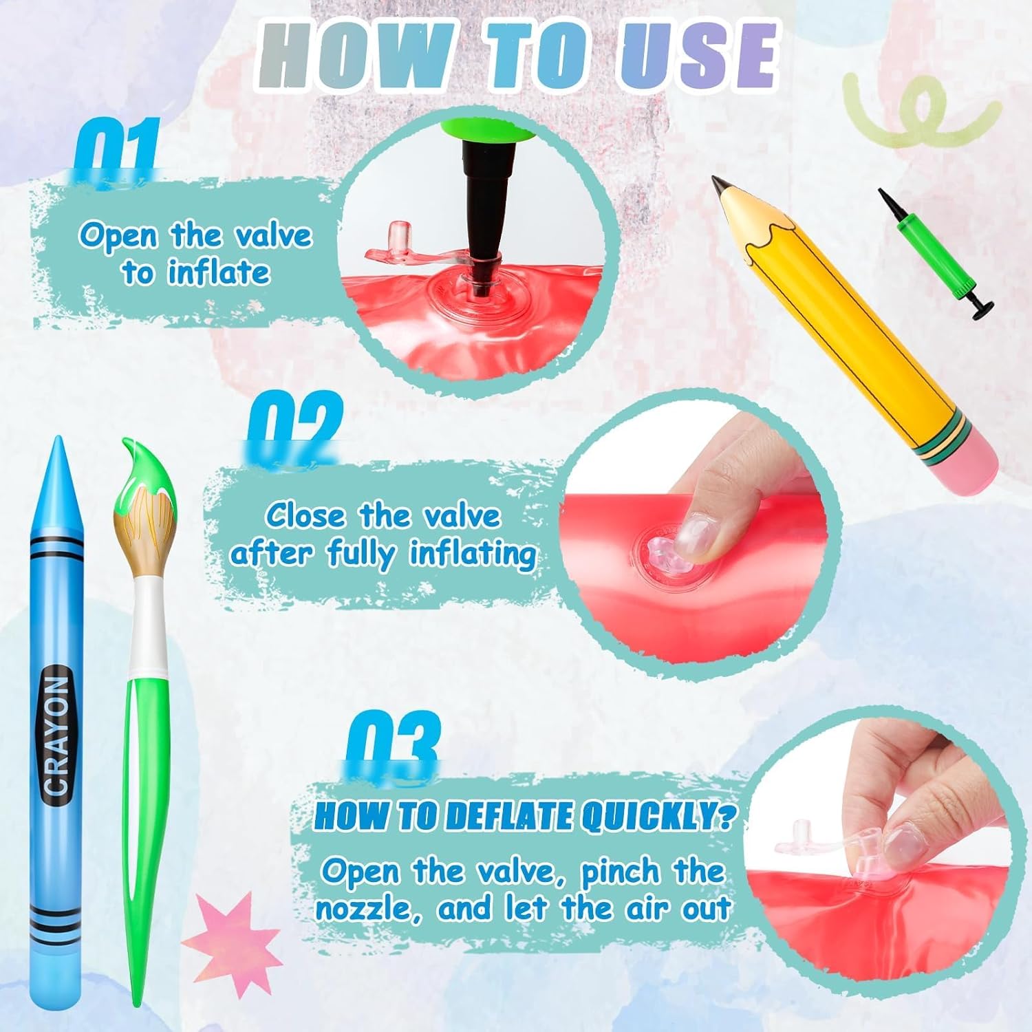 SAYAYA 16 Pcs Large Inflatable Pencil Balloons Set Jumbo Inflatable Crayons Giant Paint Brush Balloons and Air Pump Back to School Hanging Decor for Classroom Garden Room Birthday Party Decorations