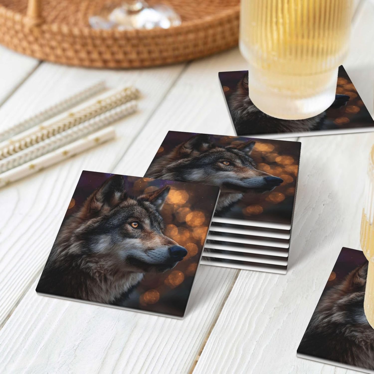 (Wolf) Ceramic Coasters Set of 6 with Holder Non-Slip Square Coffee Coasters for for Cup Mug Drink Patio Coffee Table Decor, Christmas Coasters Home Bar Supplies