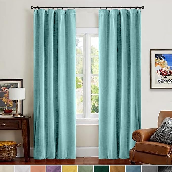 Lazzzy Aqua Blue Velvet Blackout Curtains Thermal Insulated Curtains 96