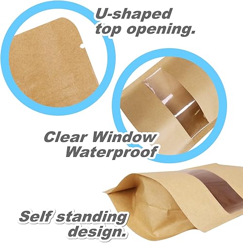 Miniatura 4 de BAAGGNAA Paquete de 60 bolsas de papel kraft Ziplock con ventana frontal transparente brillante para almacenamiento de alimentos, contenedores de