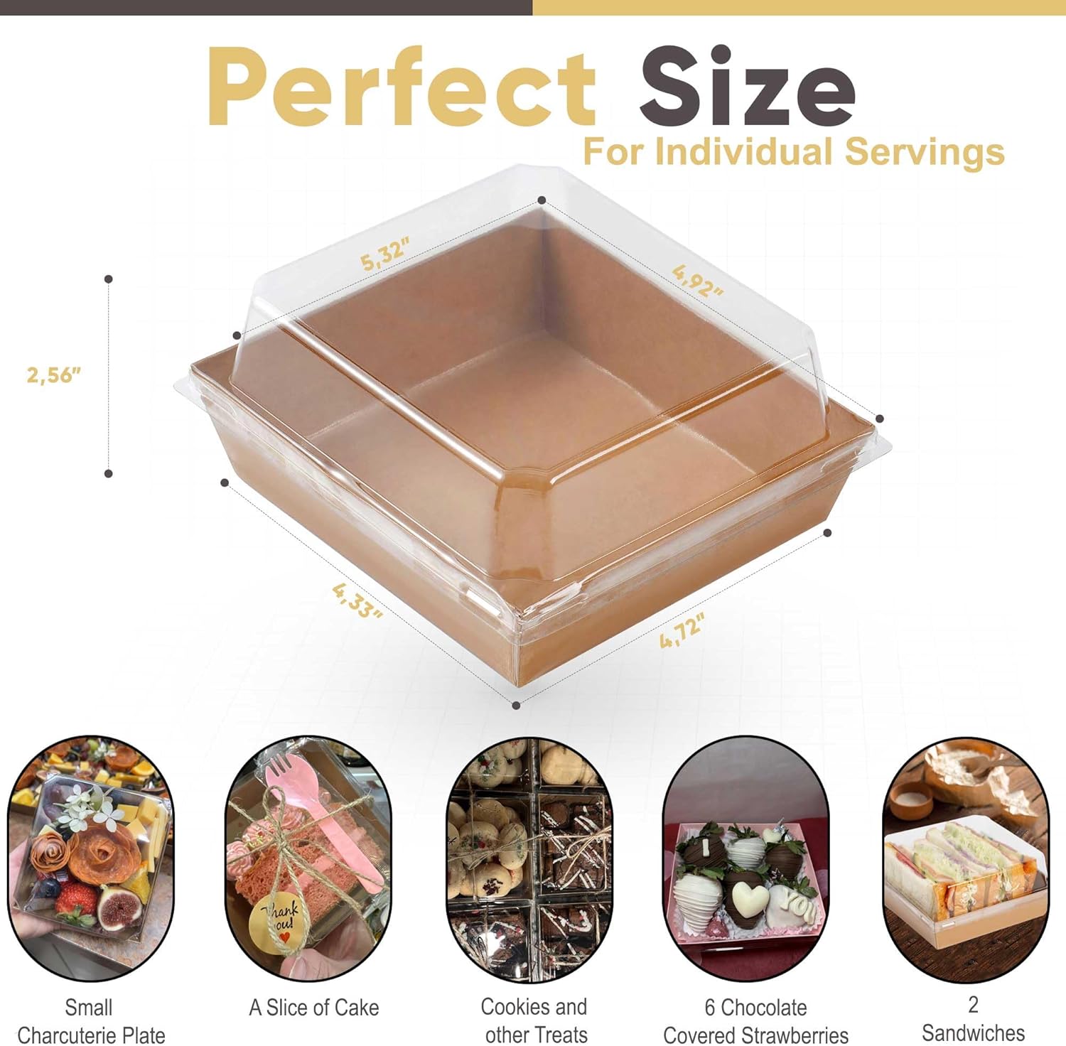 50 pack small charcuterie boxes with clear lids - to go paper mini charcuterie box, disposable food containers, 5inch dessert boxes - sandwich, cookie, sushi, cake slice, strawberries (brown)