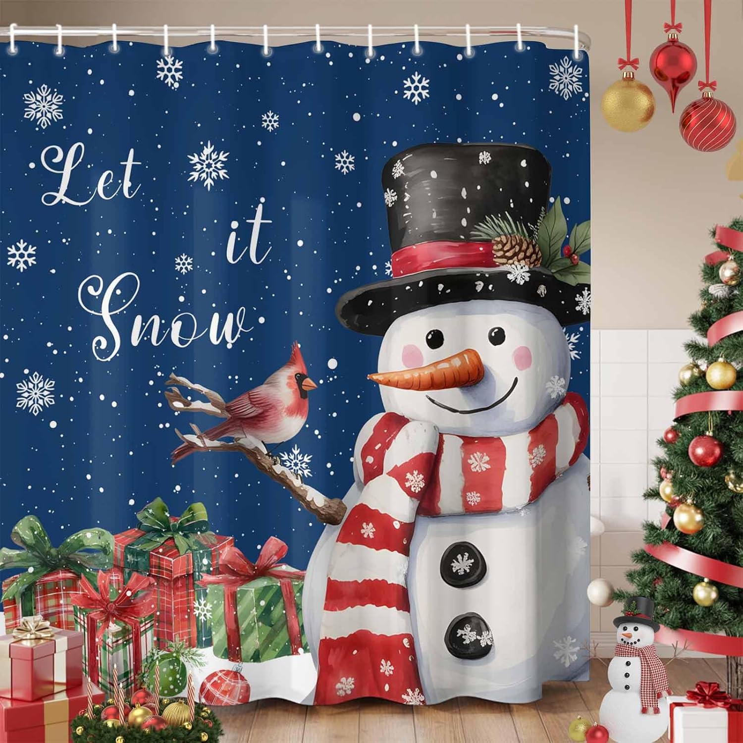 LooPoP Christmas Shower Curtain Snowman Bathroom Curtains with Hooks, Waterproof Fabric Let it Snow Holly Snowflake Blue Shower Curtains Set for Bathroom Bathtubs Xmas Holiday Decor Gift 72x72 Inch