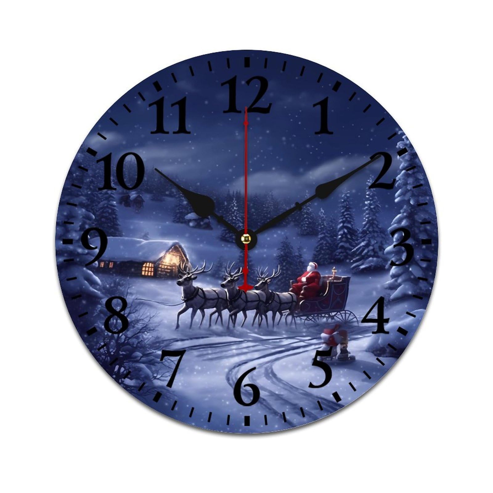 NTVOWPZO 10 Inch Wall Clock Wooden Snow Night Santa and Deer Battery Operated Wall Clocks Silent Non-Ticking Square Wall Clock for Living Room Kitchen Home Office Wall Decorative Clocks