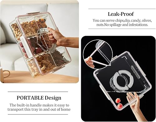 Miniatura 4 de Bandeja transparente dividida para verduras de 12 pulgadas con tapas, bandeja cuadrada para condimentos de aperitivos con 6 compartimentos,