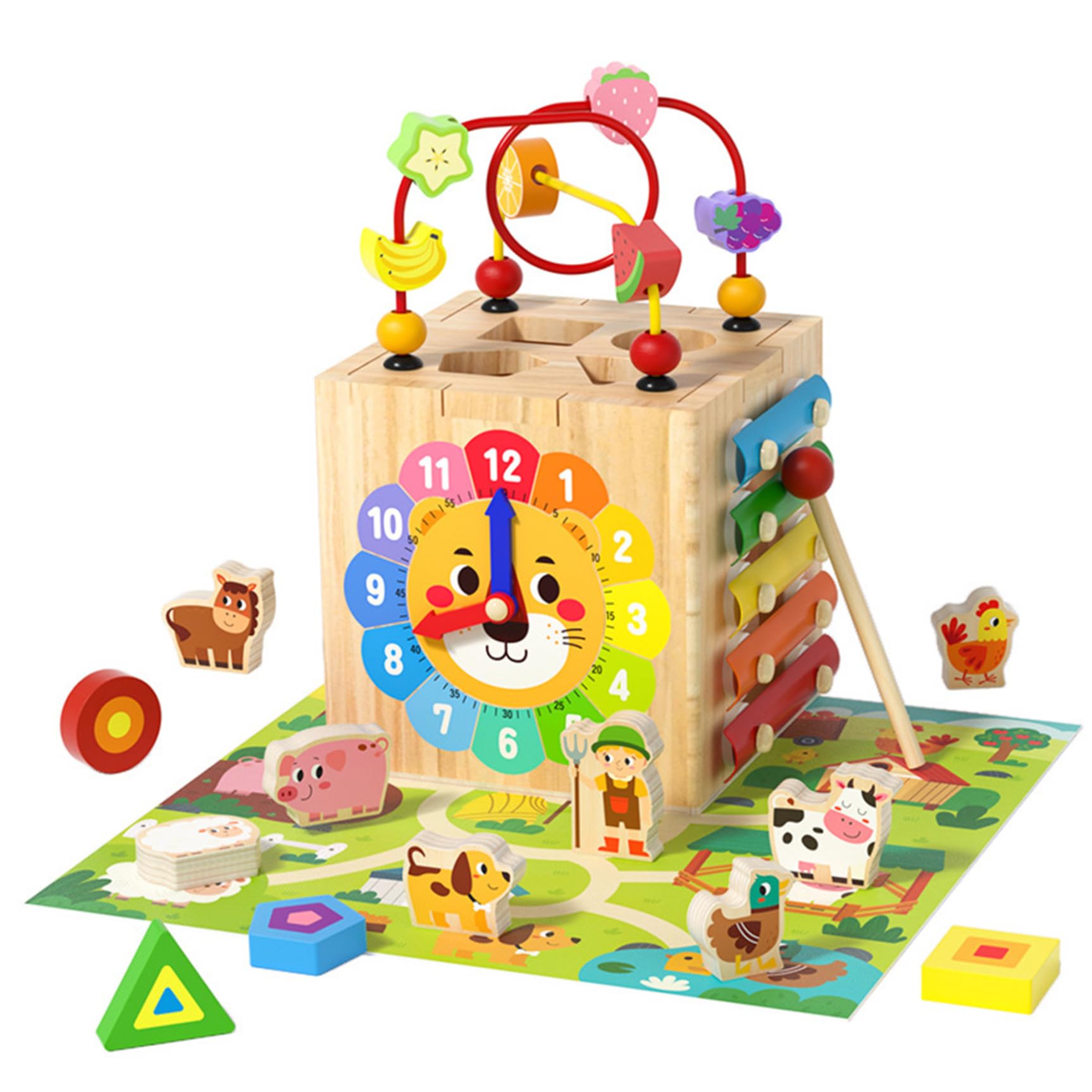 Juguetes de cubo de actividades de madera, 1 juego 6 en 1, cubo de actividades multifuncional para bebés, juguetes sensoriales educativos y de aprendizaje para niños para vacaciones y cumpleaños