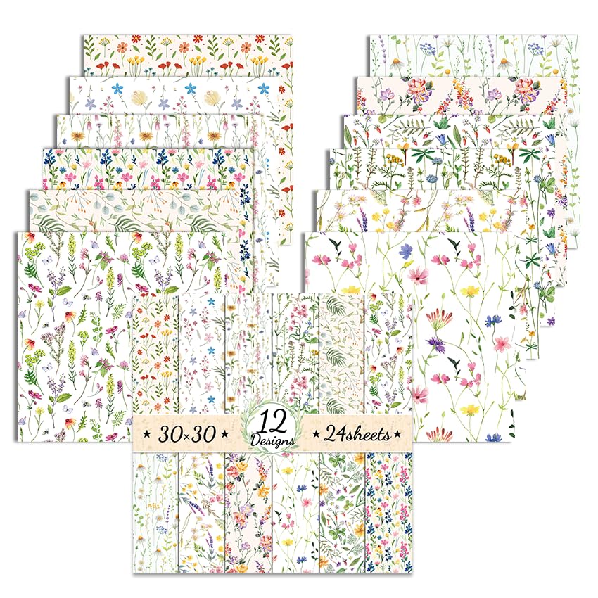 24 Sheets Scrapbook Paper, 11.8 x 11.8 inch, Flower Scrapbooking Supplies, 12 Designs Double-Sided Decorative Craft Papers for DIY Photo, Album and Scrapbook Decoration (White, 30x30cm)