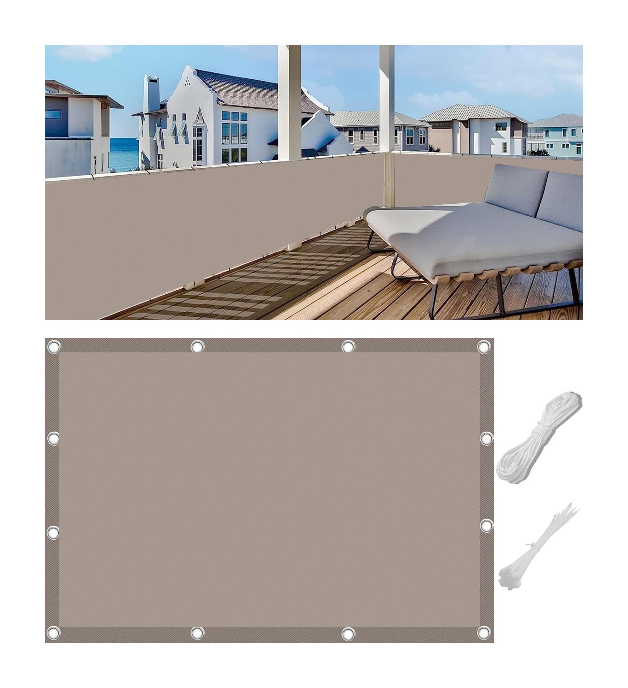 Woace Balcony Privacy Screen Waterproof Patio Privacy Protective Screens PES 95% UV Block Porch Privacy Fence Cover for Backyard Deck Railing Pools with Cable Ties and Rope Khaki 120x200cm
