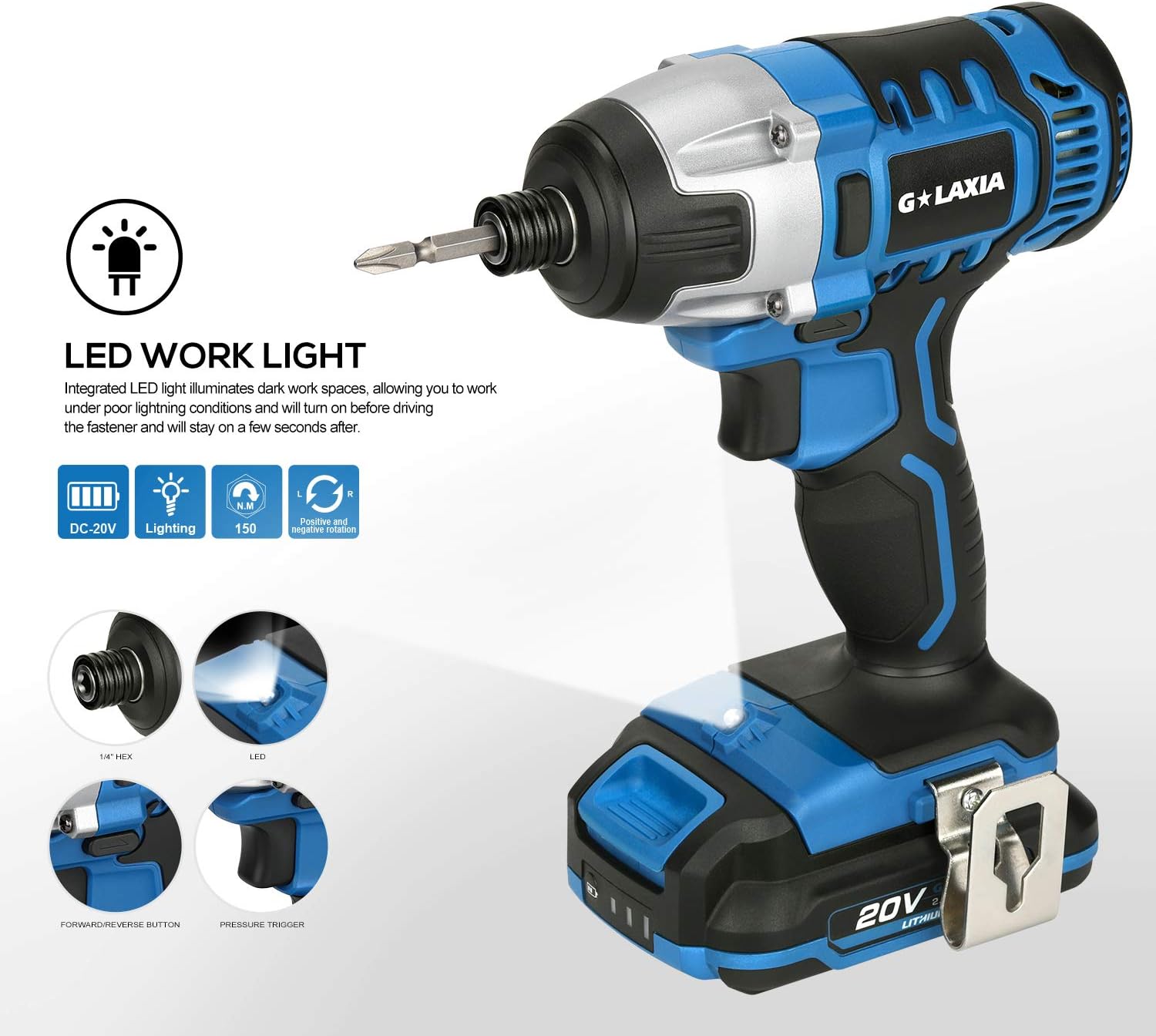 40% Off Discount GALAXIA 20V Lithium Ion 1/4 Inch Hex Cordless Impact Driver with 150 N.m Max Torque, 3300 Max BPM, 0-2600 RPM, 6pcs Screwdriver Bit, LED Light, 2.0A Battery with Charger