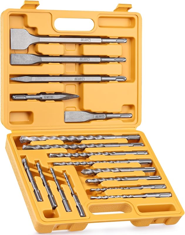 Juego de 17 brocas y cinceles para martillo perforador SDS Plus, puntas de carburo YG8C, brocas SDS Plus, juego de brocas para mampostería para hormigón, ladrillo y piedra, con estuche de almacenamiento, herramienta ideal para bricolaje, hogar