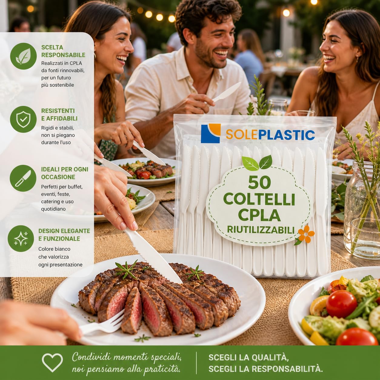 SOLEPLASTIC 50 Coltelli Riutilizzabili da 16 cm Bianco, Posate Ecologiche Resistenti per Catering, Feste, Eventi, Casa e Buffet