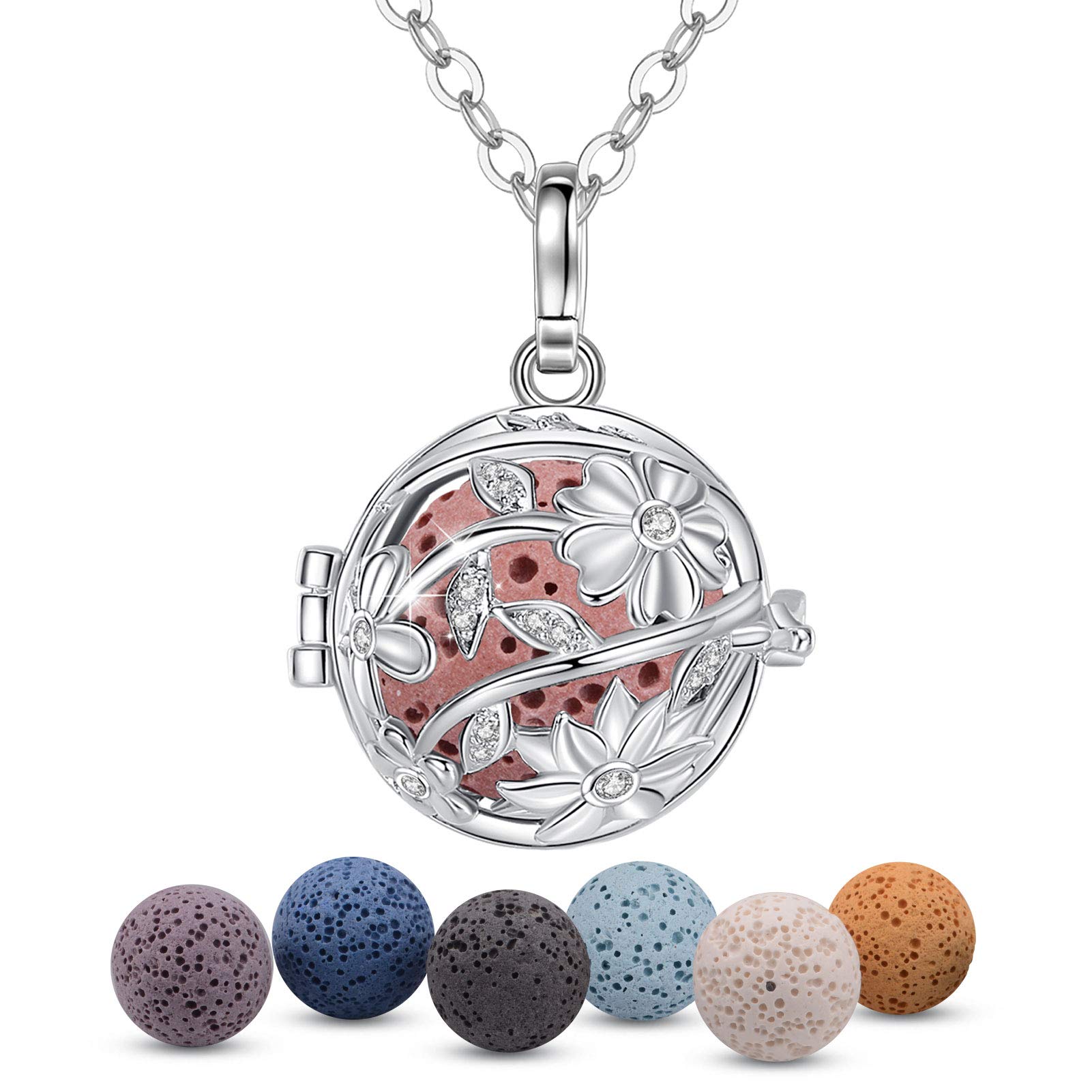 EUDORA Harmony Ball Collana Aromaterapia Ciondolo con Oli Essenziali per Donna, Collana con Diffusore Regalo di Gioielli per Ragazze con 7 Pezzi di Pietra Lavica, 24 Pollici
