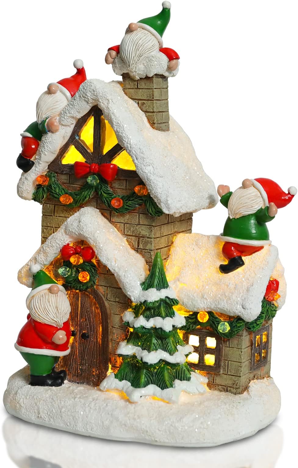 Christmas Village House with LED Lights, Christmas Collectable Building with Gnomes Resin Christmas Decoration Gifts for Christmas Indoor Home Party Holiday Decor