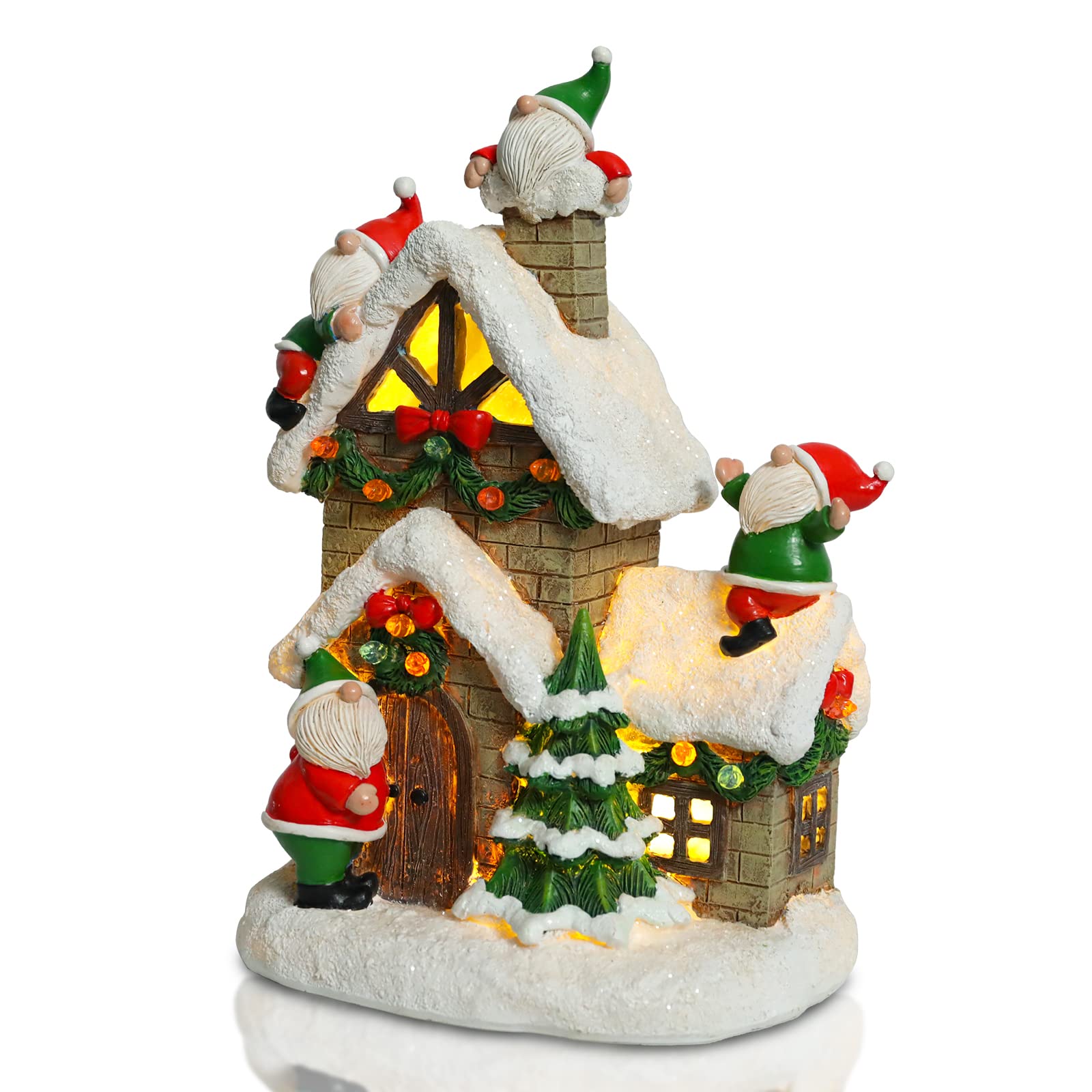 Christmas Village House with LED Lights, Christmas Collectable Building with Gnomes Resin Christmas Decoration Gifts for Christmas Indoor Home Party Holiday Decor