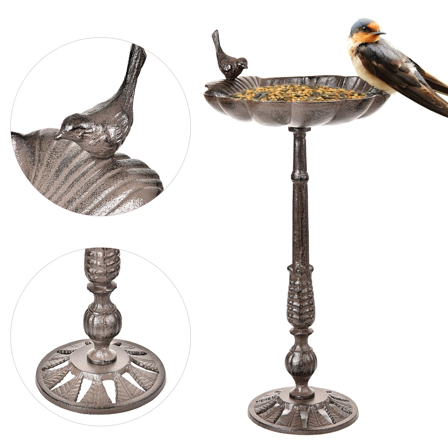 Sungmor Robuste Vogeltränke aus Gusseisen für Garten – Antik-Stil & Muschelform Metall Vogelfutterspender Bewässerung Brunnen Schüssel – Outdoor Hof Deck stehend Vogeltränke