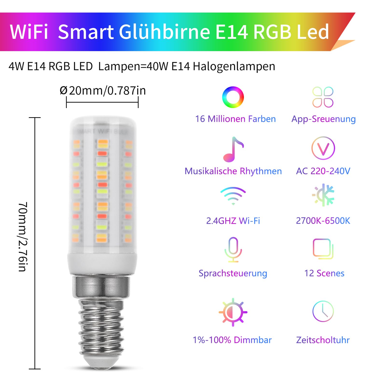 I-SHUNFA WI-FI Smart E14 RGB Led Glühbirne,4W,400LM AC 230V | Farbwechsel mit Musiksynchronisation Lampen, 16 Millionen DIY-Farben,Multicolour Dimmbar (3 Stück, Milchig Weiß)