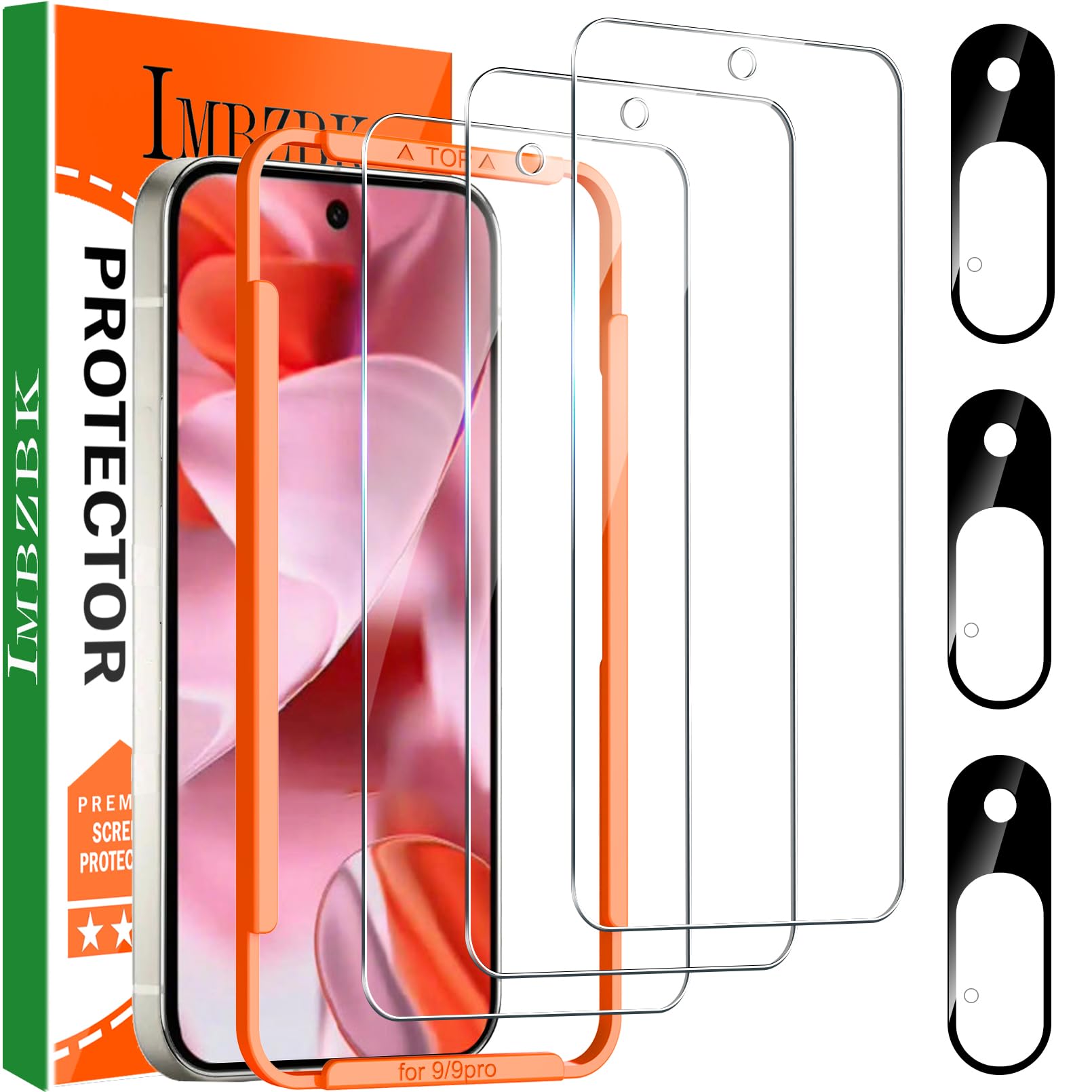 IMBZBK 3 Pack Screen Protector for Google Pixel 9 Tempered Glass Accessories 3 Pack Camera Lens Protector, Case Friendly Protector de Pantalla for Pixel 9, Support Fingerprint Reader