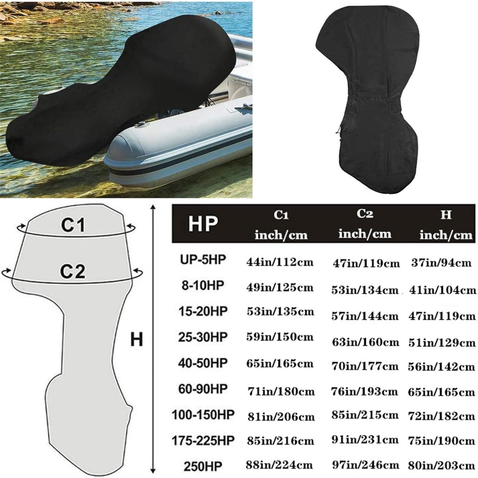 Funda Motor Fueraborda, 420d Impermeable Tela Oxford Fundas Protectora de Fuera de Borda para Motor de Barco Fuera Cubierta para Motor Fueraborda