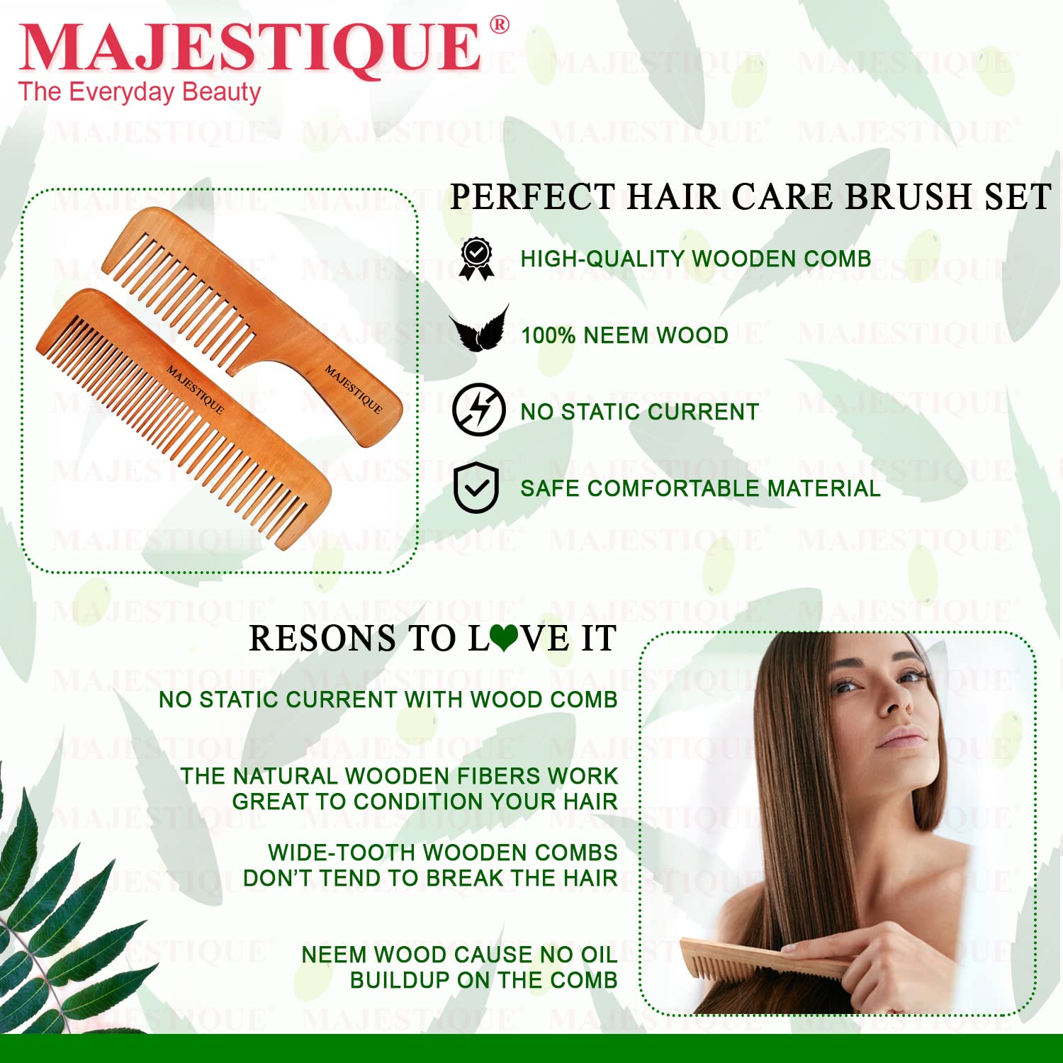 Majestique 2PCS Wooden Neem Wooden Hair Comb for Women, Wood Anti-Static & No Snag, Wodden Handcrafted Hair 2