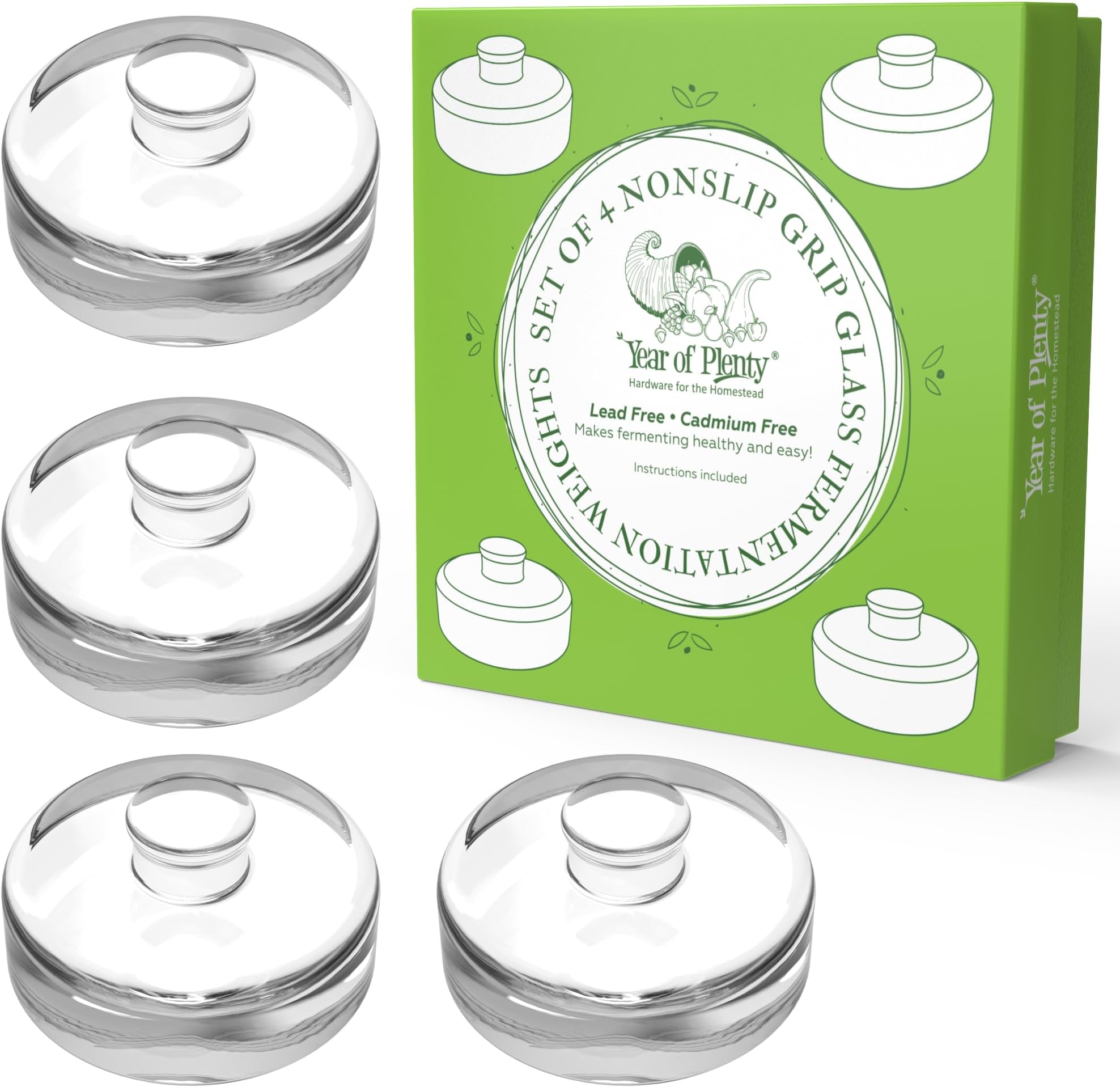 Year of Plenty Fermentation Weights - NonSlip Grip Handle - for Fermenting Sauerkraut, Pickles, Kimchi in Wide Mouth Mason Jars - Lead/Cadmium Free - (Set of 4)