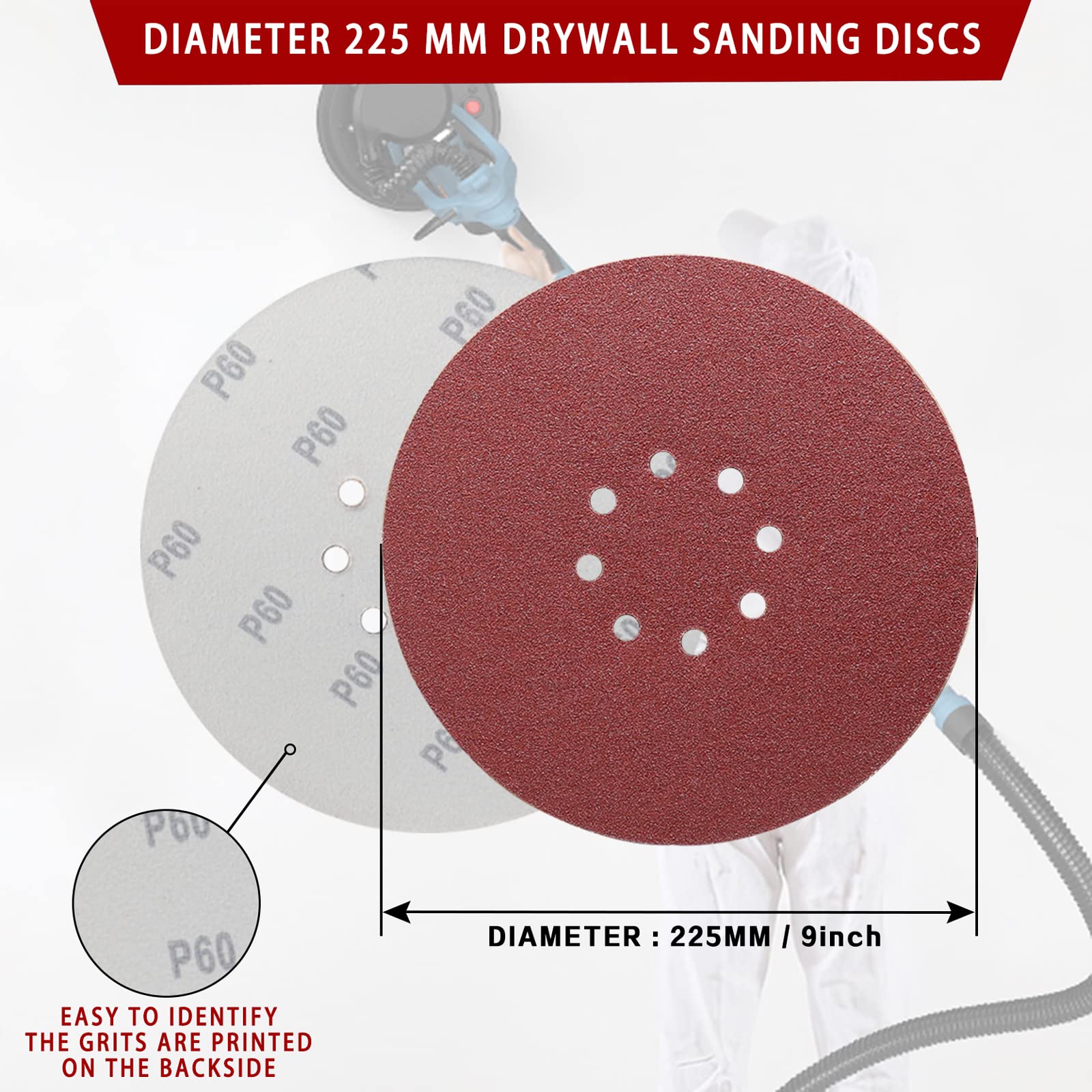 Disques Abrasifs Auto-agrippants 225 Mm Grain 40 - Lot De 15, Pour Ponceuse Murale/plafond (10 Trous)