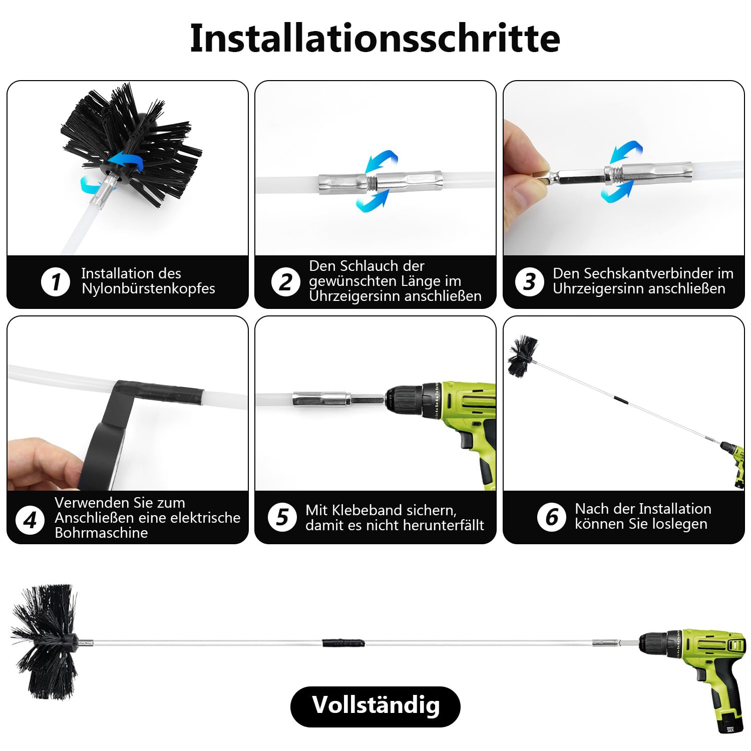 17-tlg. Kaminbürste Set - 150mm Ofenrohrbürste Mit 12 Flexstangen
