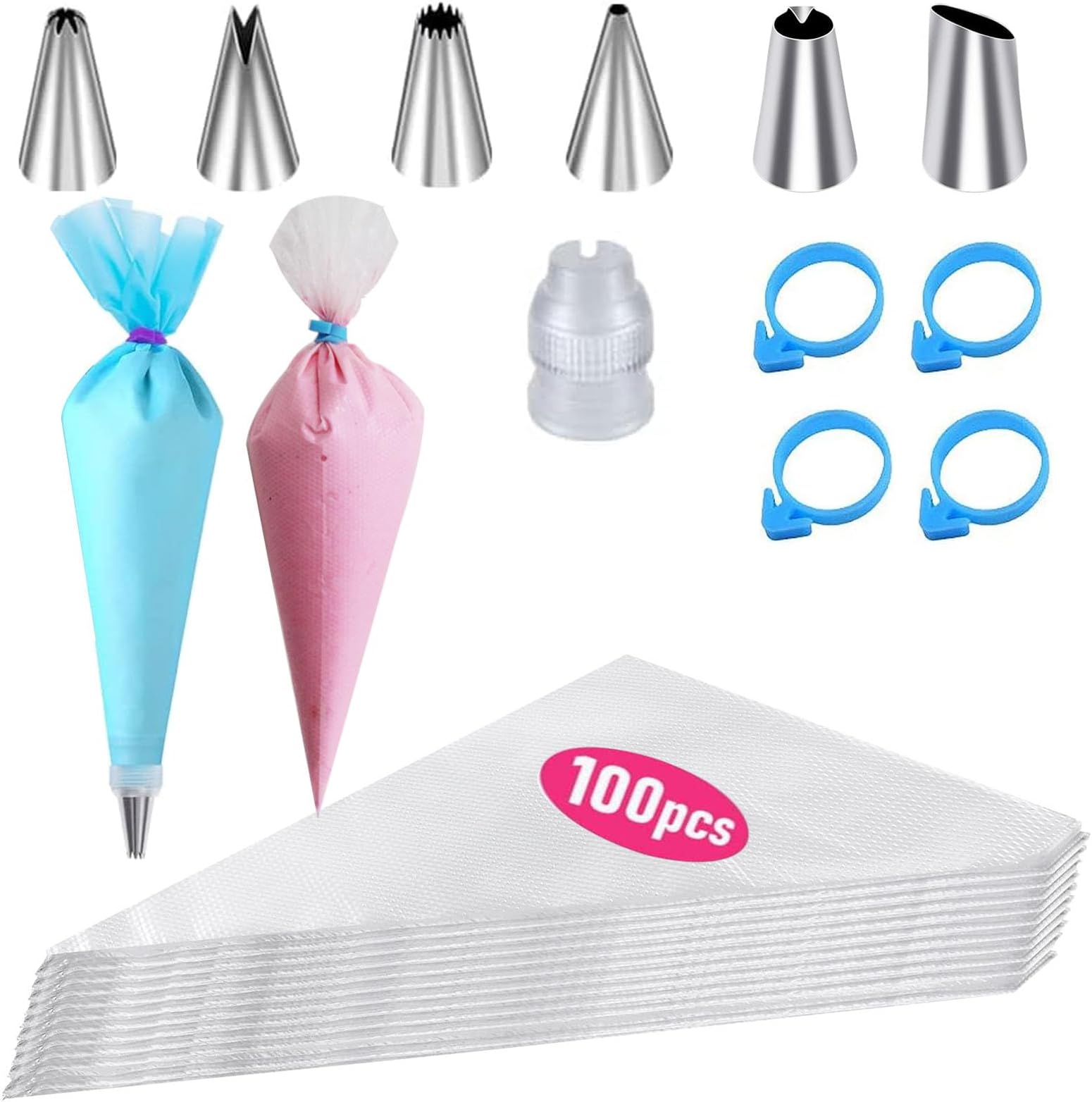Piping Bags and Tips Set, Cake Decorating Kit with 100 Disposable Pastry bags, 1 Reusable Silicone Piping Bag, 6 Stainless Steel Icing Piping Tips, 4 Frosting Bags Ties and1 Coupler
