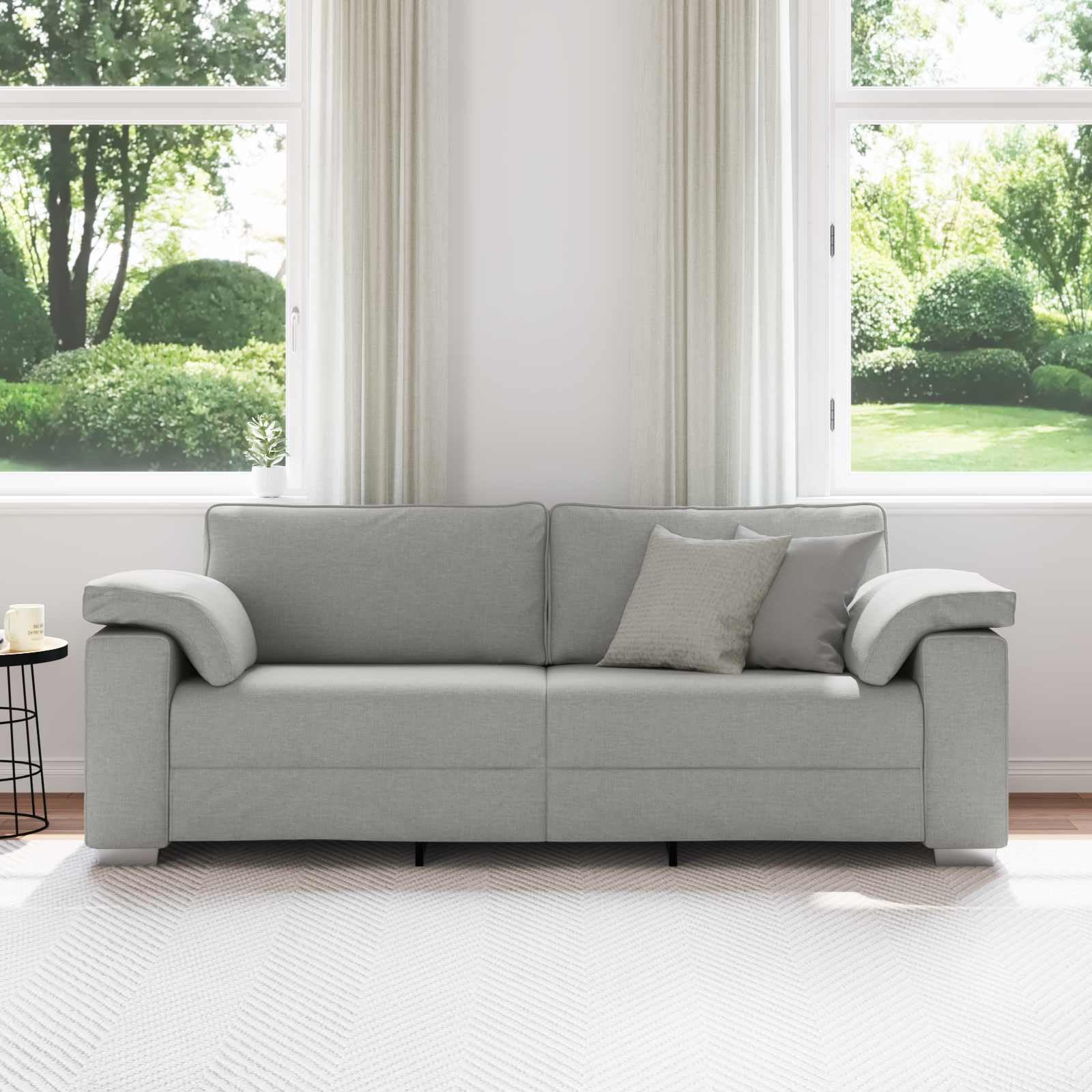 Nowoczesna sofa 3-osobowa, szara, 219 cm, materiałowa kanapa do salonu, trwałe wzornictwo z szerokimi podłokietnikami, wygodne siedzenie
