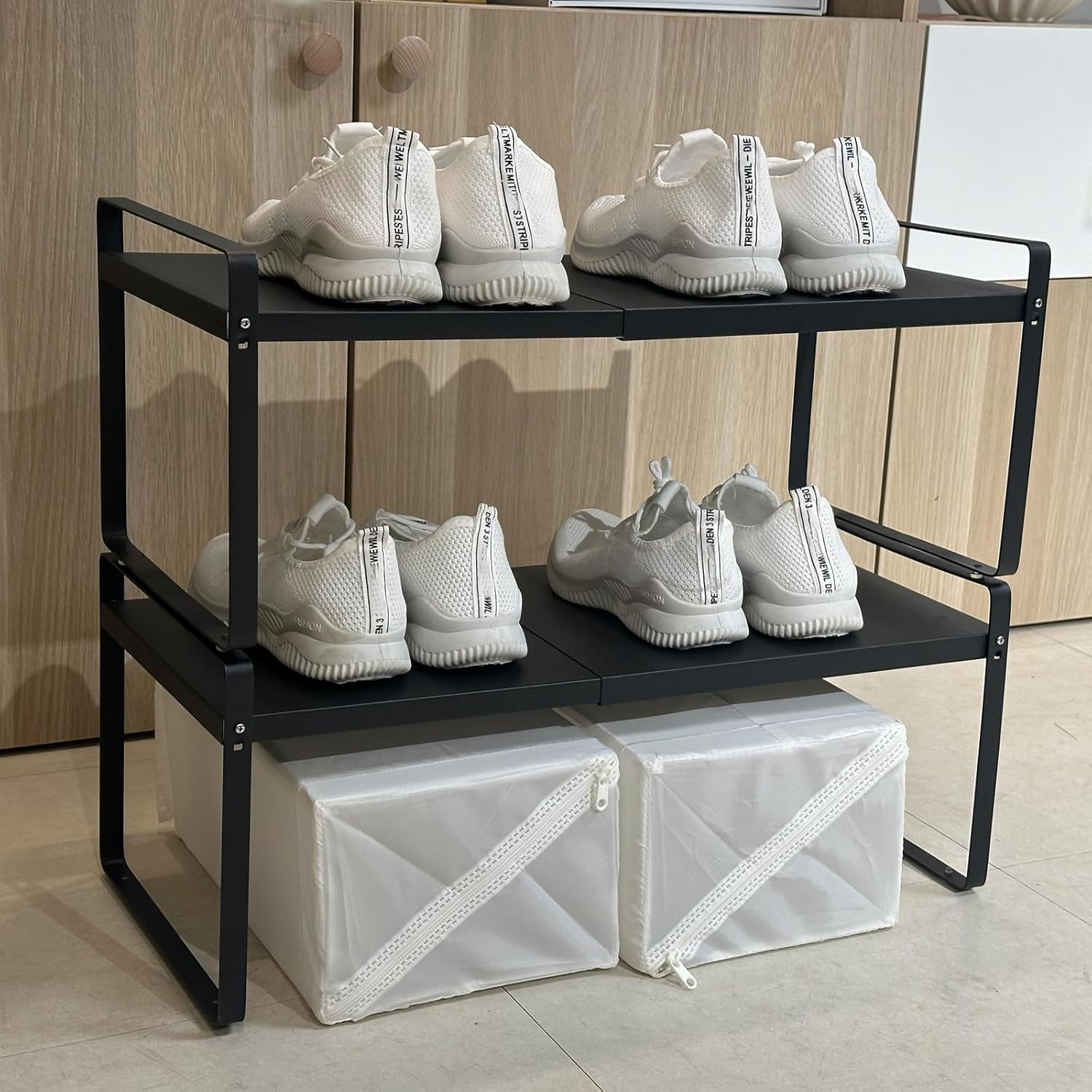 Set of 2 Expandable Cabinet Shelf Organizer, Black Kitchen Countertop Shelves, Stackable Metal Pantry Storage Organizer for Cupboard, Spice Rack - Image 6