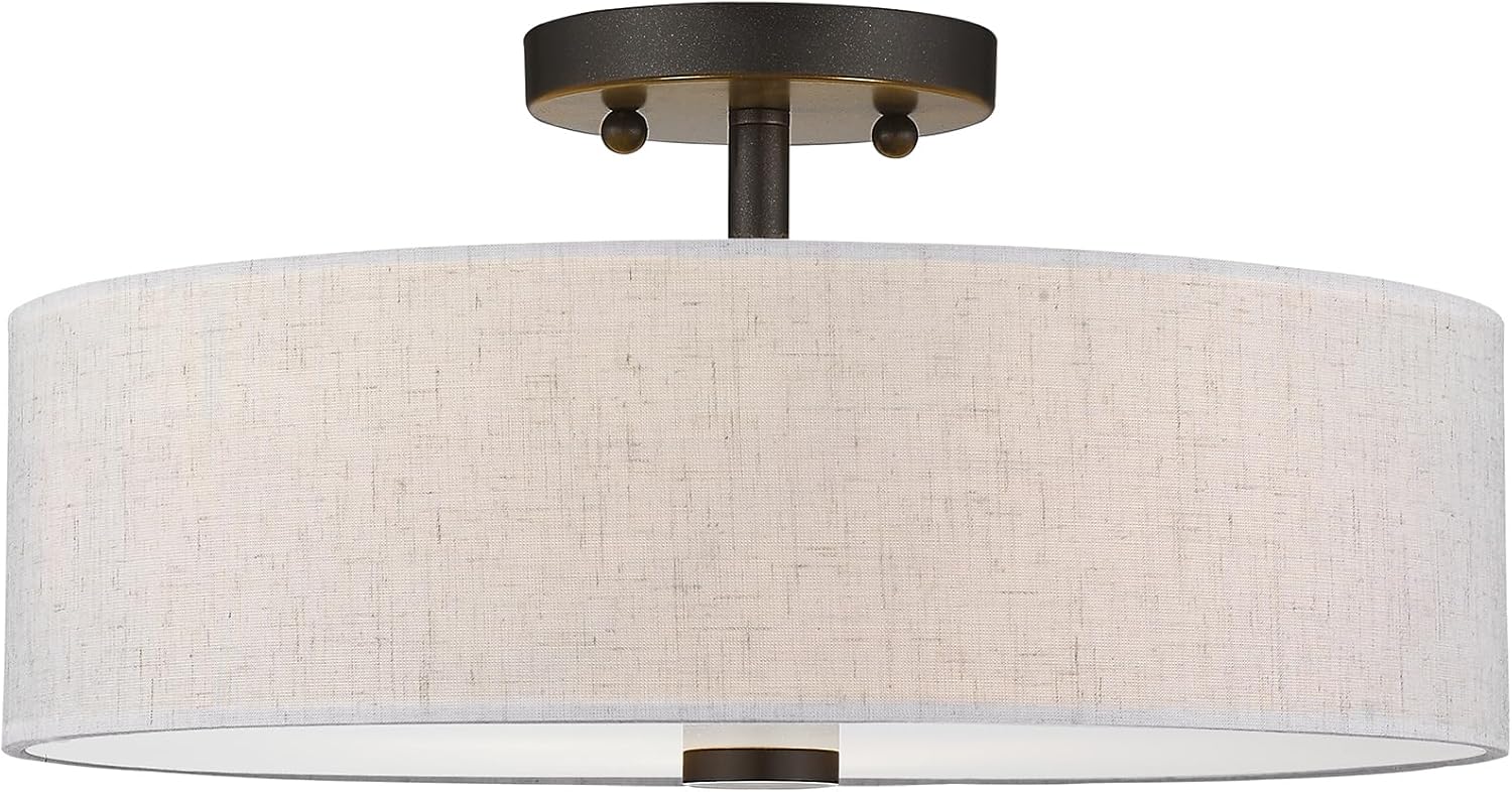 Livex Lighting 52135-92 Meridian Collection 3-Light Semi Flush Mount Ceiling Fixture with Oatmeal Color Fabric Hardback Drum Shade and Satin White Diffuser, English Bronze