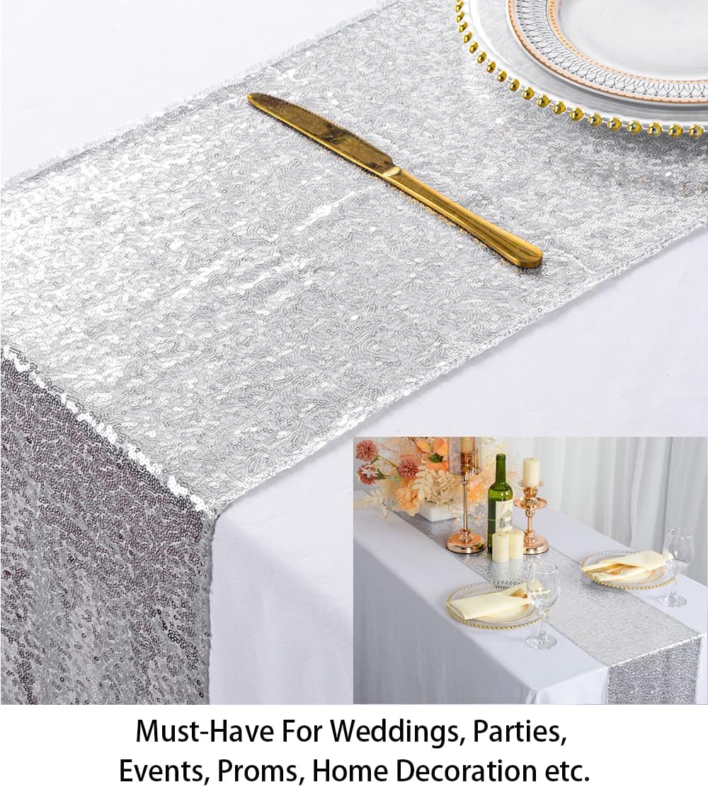 Sequin Tassel Table Runner Silver 12in x 90in Sequin Table Runners with Tassels Rustic Fall Table Runners for Home Decoration~1005E