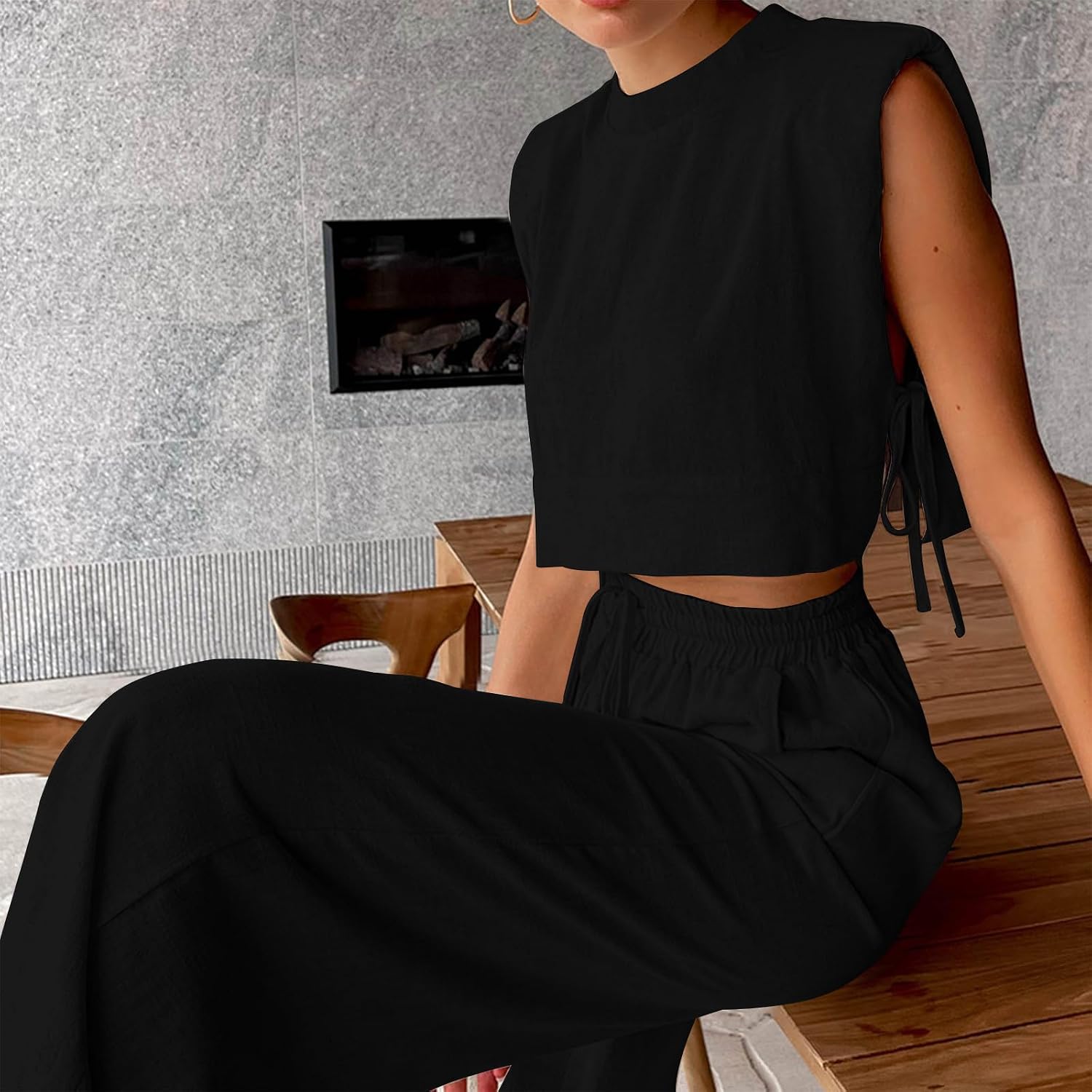 HGps8w Womens Sleeveless Tracksuit Sets with Shoulder Padded, Casual Loose Crop Tank Top Matching Wide Leg Pants