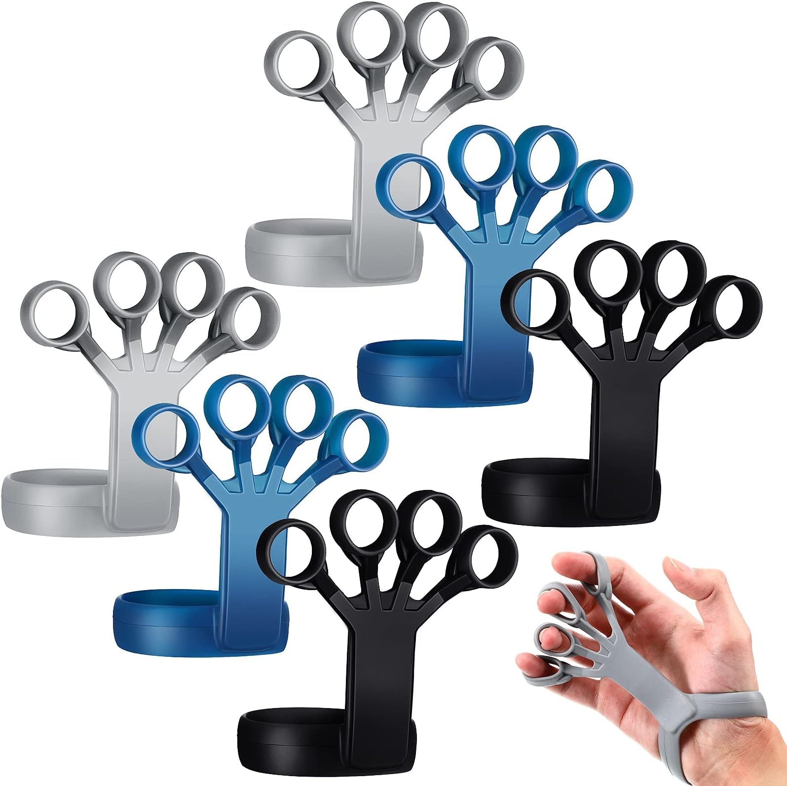 MAKINGTEC Strength Training Grip Strength Strengthener, 6 Pieces Silicone Wrist Puller Finger Exercise Tension Ring Fitness Equipment Forearm Strength Exercise Finger Expander (Black, Blue, Gray)