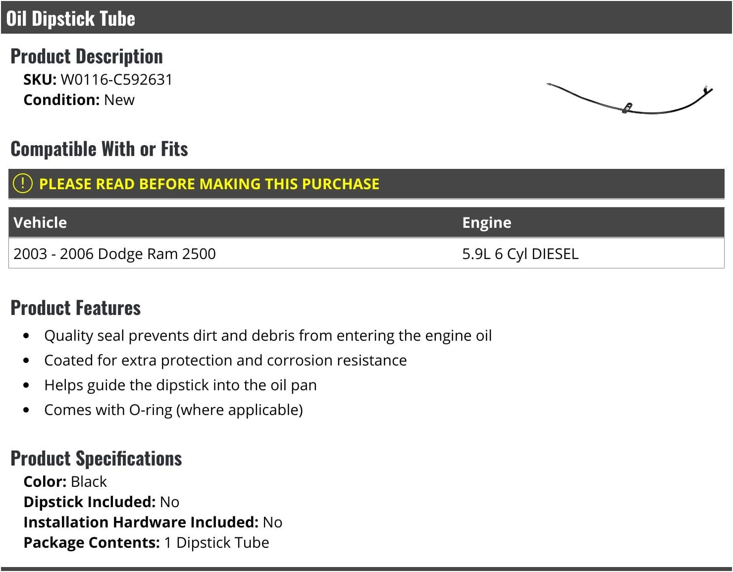 Oil Dipstick Tube - Compatible with 2003-2006 Dodge Ram 2500 5.9L 6-Cylinder Turbo Diesel