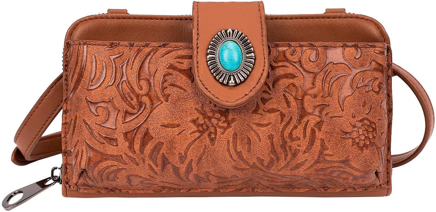 Women's Crossbody Handbag Small Vintage, Ladies Wallet Western Adjustable Phone Purse Clutch Turquoise Concho Embossed
